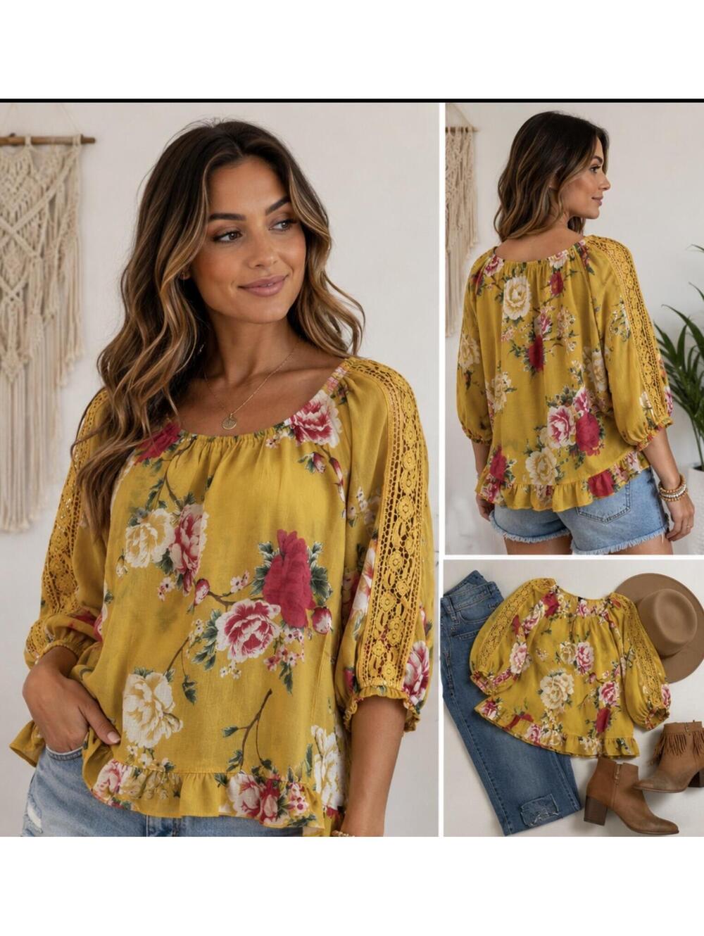 Unique Spectrum Yellow Floral Lace Sleeve Boho Blouse Top XL